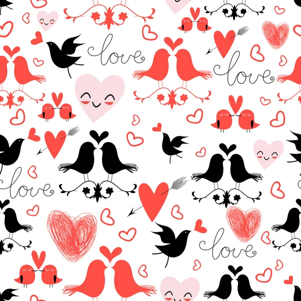 Holiday pattern with love birds and hearts — Stock Vector