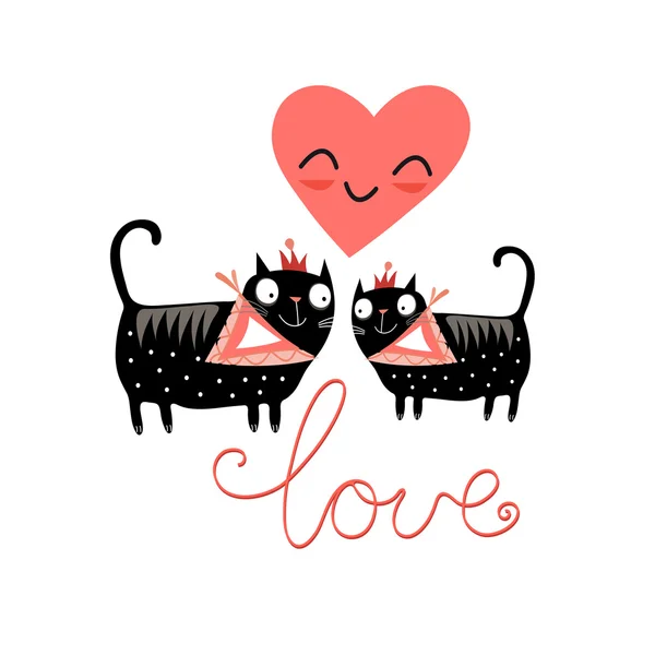 Amor gatos e coração — Vetor de Stock