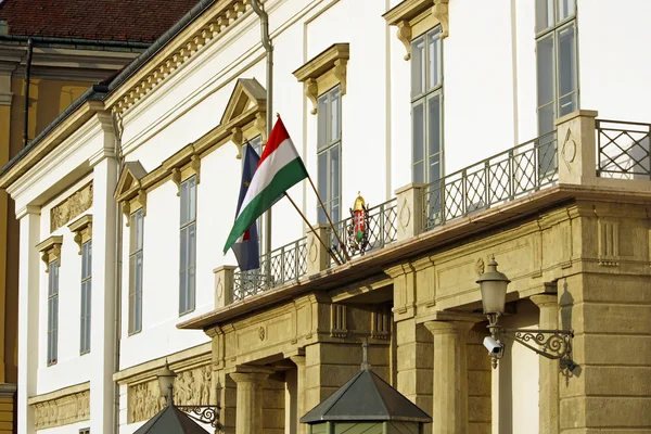Прапор Угорщини та Європейського Союзу у президентському палаці в Будапешті — стокове фото