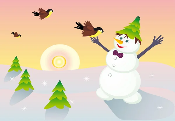 Snowman and birds — Stock Vector