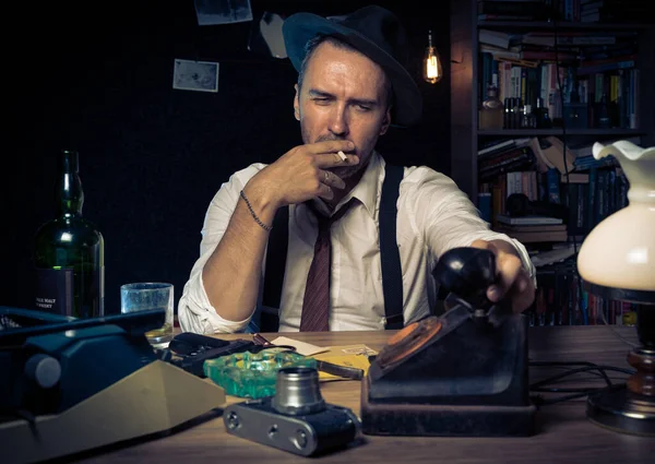 Retro private detective behind the desk, noir cinematic scene