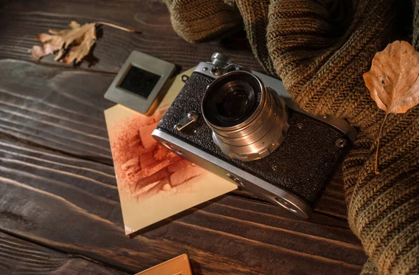 Autumn Still Life Old Camera Sweater Photos Fallen Leaves Wooden — Stock Photo, Image