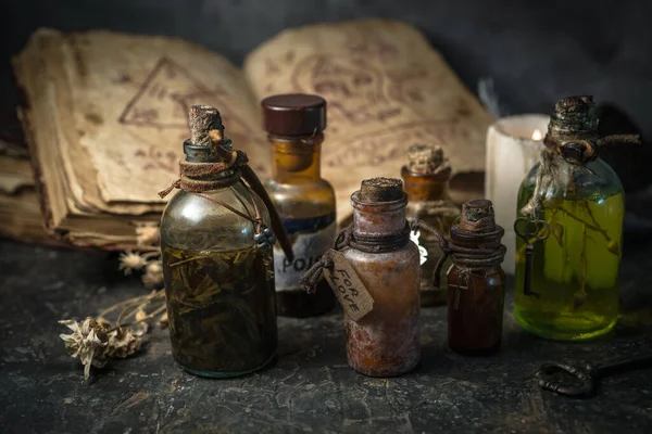 Magic Potions Bottles Ancient Books Witchery Herbs Wooden Background Halloween — Stock Photo, Image
