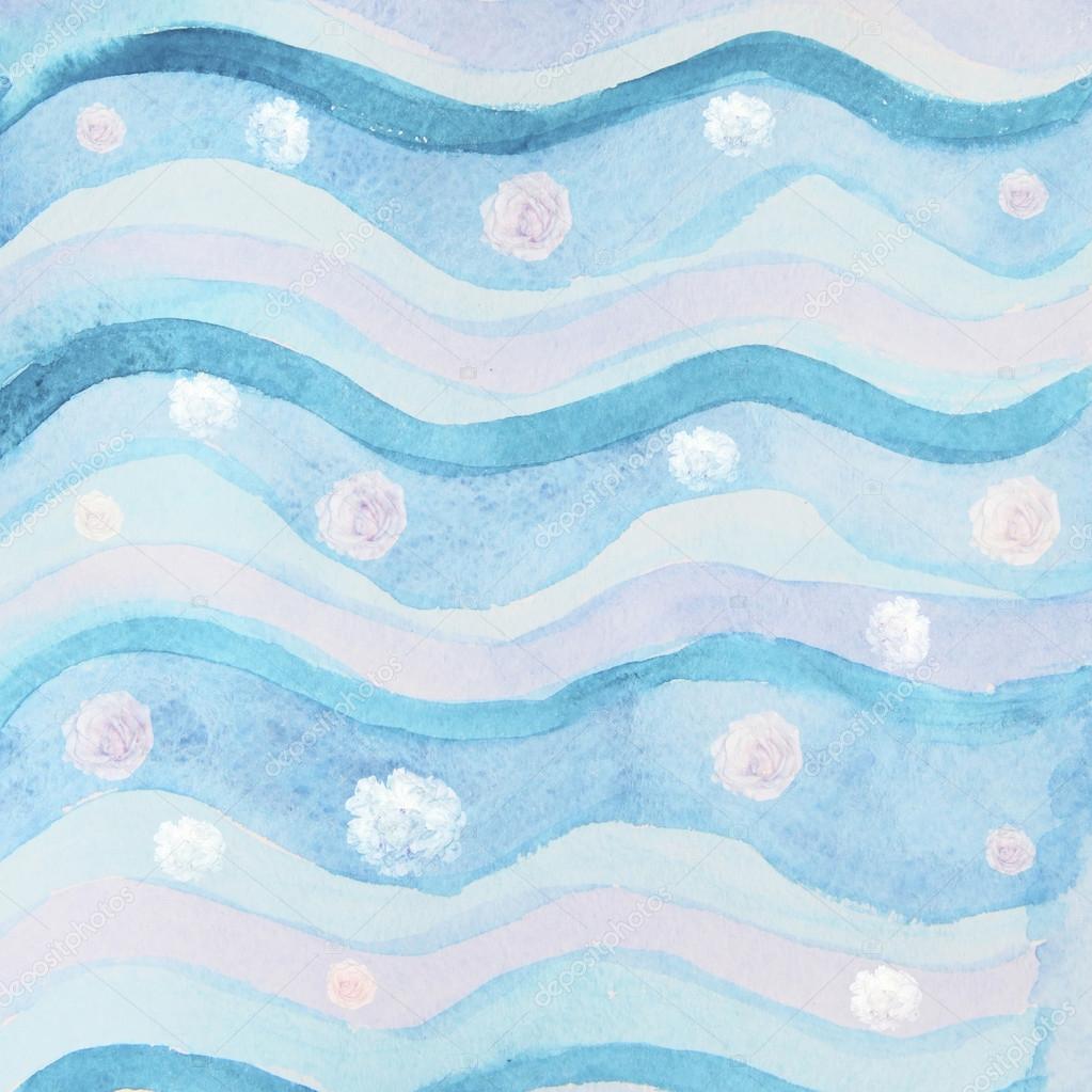 Abstract watercolor background with blue waves and colors of ros