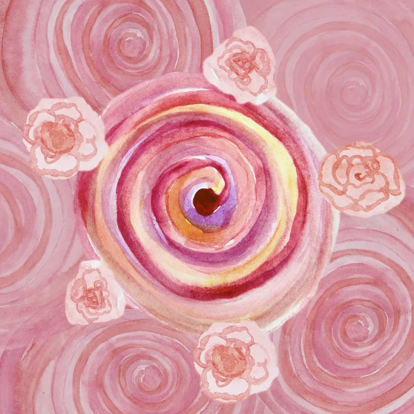 Acuarela fondo abstracto con espiral rosa remolinos y rosas —  Fotos de Stock