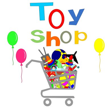 Oyuncaklar ve oyuncak mağaza tabelada beyaz bir backgrou ile alışveriş sepeti