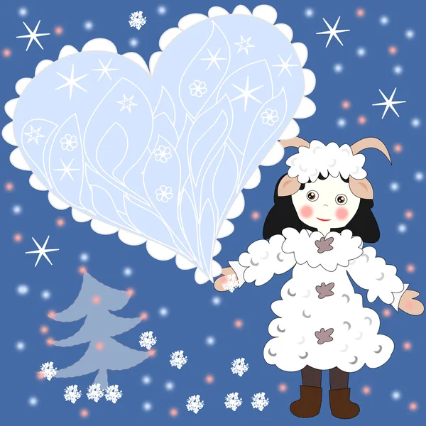 Cartão de férias, uma menina vestida como uma ovelha com coração — Fotografia de Stock