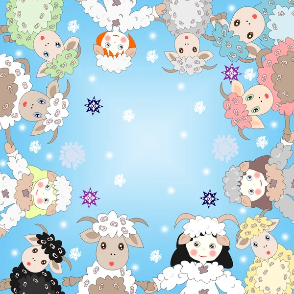 Adoráveis ovelhas e meninas vestidas como ovelhas em um círculo em um backgro — Fotografia de Stock