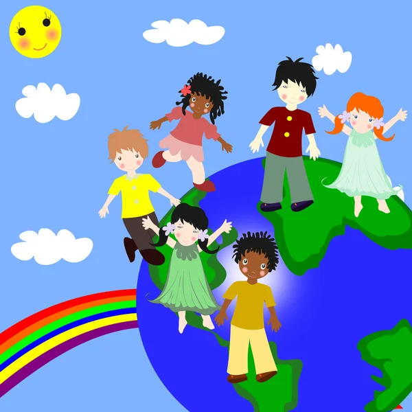 Crianças de raças diferentes em um planeta verde — Fotografia de Stock