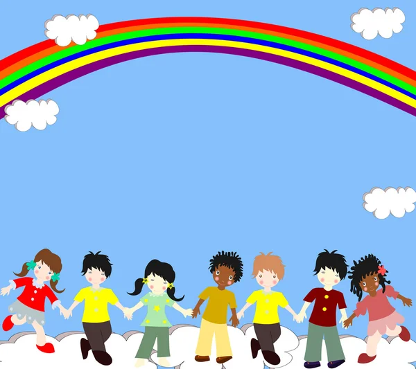 Kinder verschiedener Rassen sind in den Wolken unter dem Regenbogen — Stockfoto