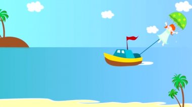 Tekne bir paraşüt kız çeker deniz, animasyon, çizgi film
