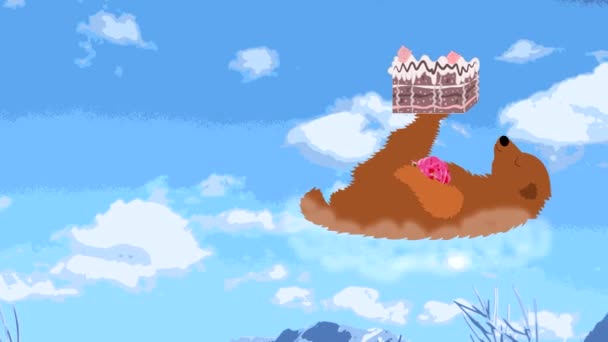 Joyeux ours vole sur un nuage avec un gâteau sur la patte, animation, dessin animé 