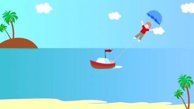 Tekne bir paraşüt üzerinde çocuk çeker deniz, animasyon, çizgi film
