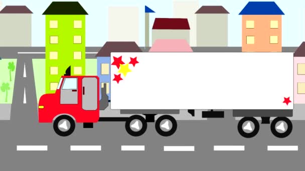 Big truck moving through the city, animation, cartoon — Stock Video