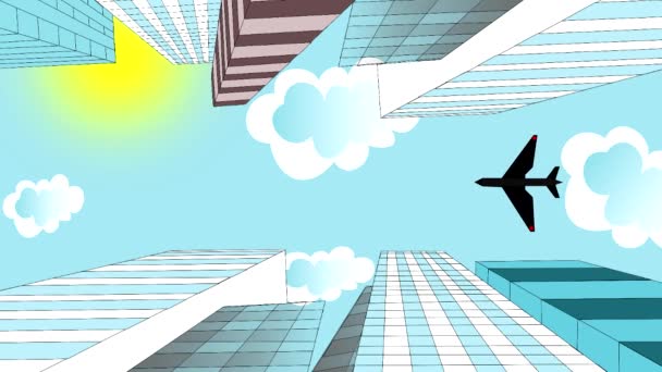 L'avion vole dans le ciel au-dessus des gratte-ciel, animation, dessin animé — Video