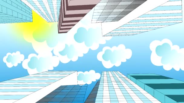 Die Wolken fliegen am Himmel über Wolkenkratzern, Animation, Zeichentrick — Stockvideo