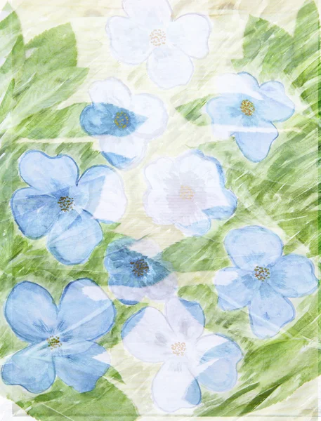 Fond floral abstrait pittoresque avec des fleurs bleues et lea — Photo