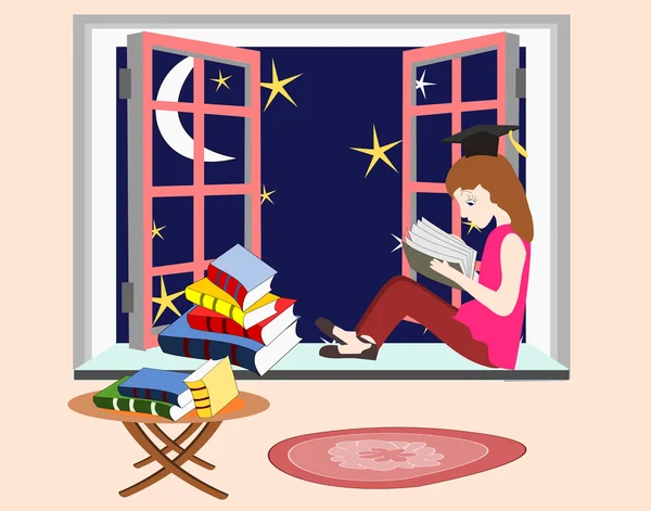 夜の窓辺に座っている女の子留学 — ストック写真