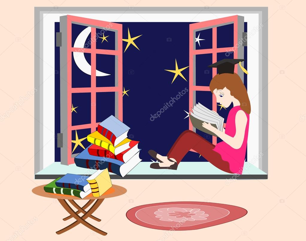 Girl studying at home at night