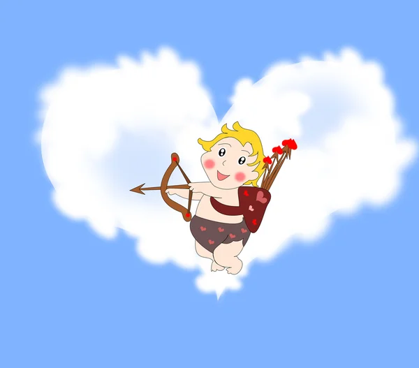Cupido divertente giocoso con le frecce nel cielo con le nuvole nella cenere — Foto Stock