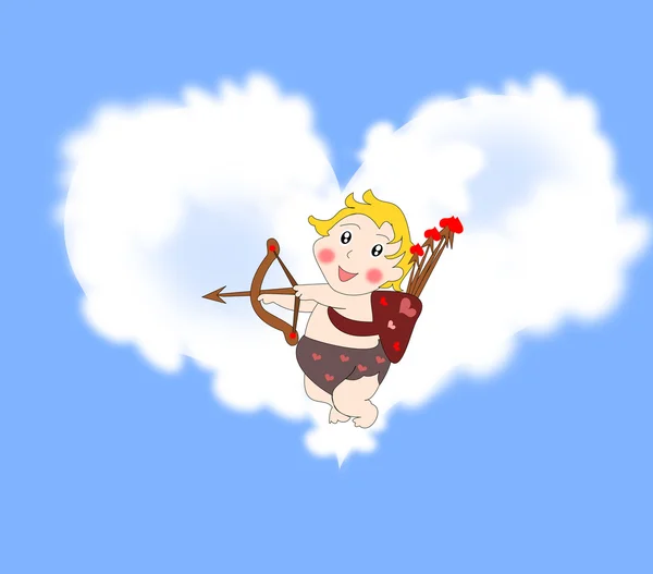 Playful funny cupid with arrows in the sky with clouds in the sh — Stock Photo, Image