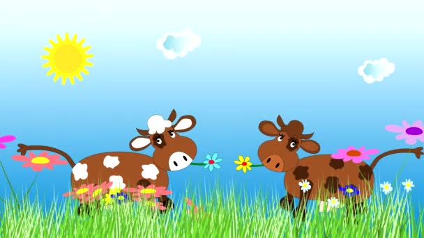 Αστεία αγελάδα χορό και βόσκουν σε ένα πράσινο λιβάδι — Αρχείο Βίντεο