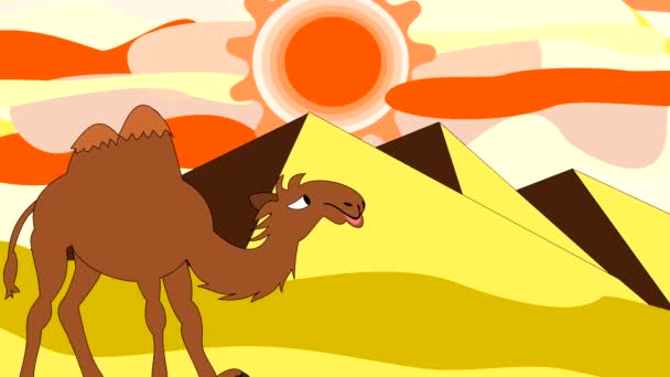 Um camelo atravessando o deserto perto das pirâmides, animação, desenhos animados — Vídeo de Stock