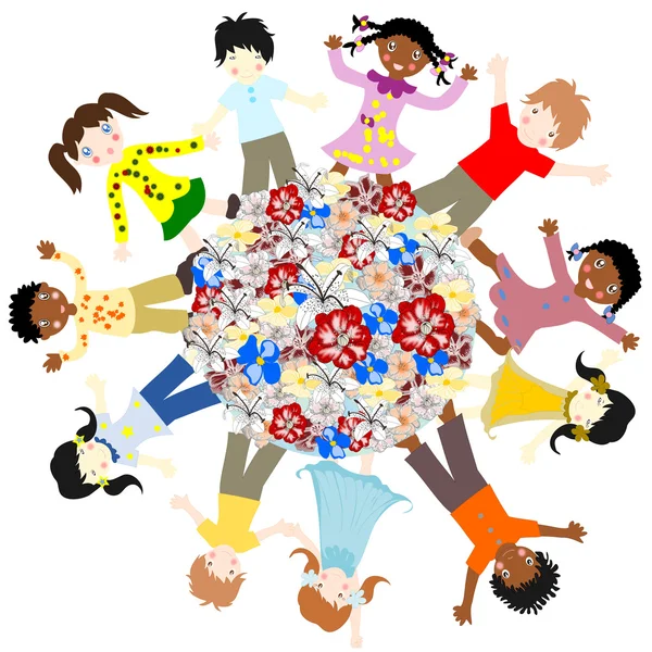 Happy children of different races around the world blossoms on a — Stock Photo, Image