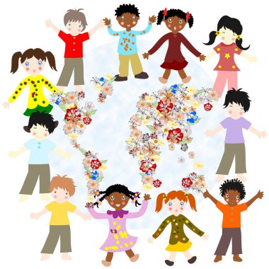 Happy children of different races around the world blooming card