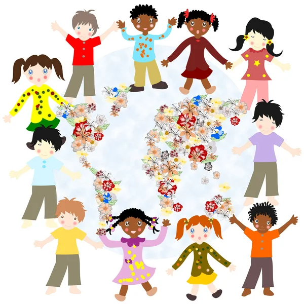 Happy children of different races around the world blooming card — Stock Photo, Image