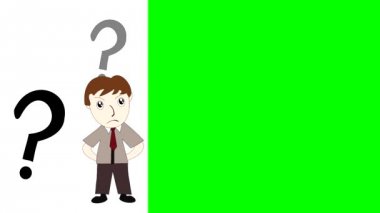 Yeşil arka plan ekran üzerinde çizgi film adam bir fikir düşünüyorum iş adamı