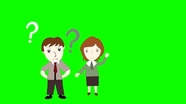 Działalności człowieka i biznes kobieta myśli na zielonym tle ekranu, kreskówka mężczyzna z pomysłem — Wideo stockowe