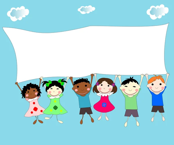 Illustration of children of different races behind a banner on a — Stock Photo, Image