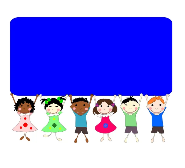 Illustration of children of different races behind a banner on a — Stock Photo, Image