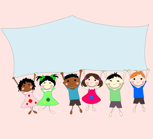 Illustrations of children of different races behind a banner on — Stock Photo, Image