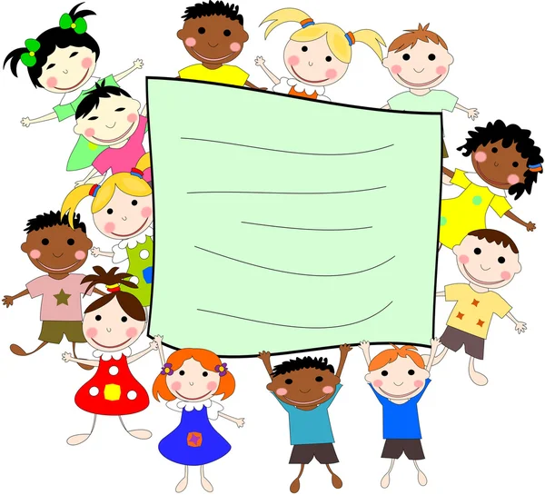 Illustration of children of different races behind a banner on a — Stock Photo, Image