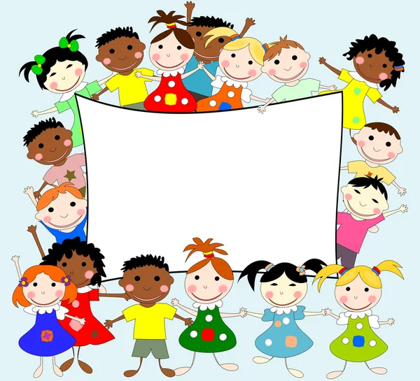 Ilustración de niños de diferentes razas detrás de una pancarta en un —  Fotos de Stock
