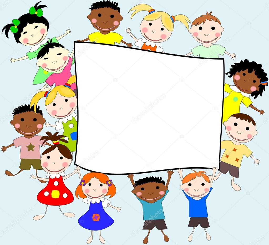 Illustration of children of different races behind a banner on a