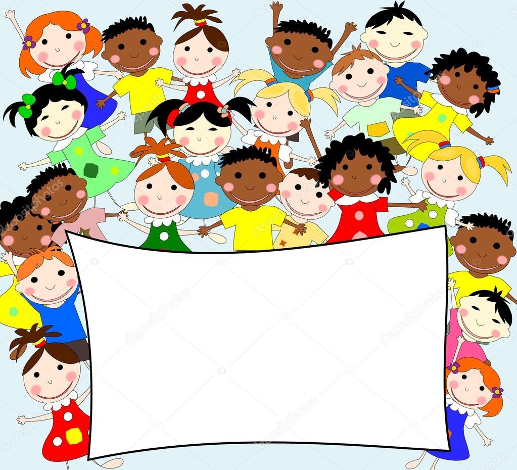 Illustration of children of different races behind a banner on a