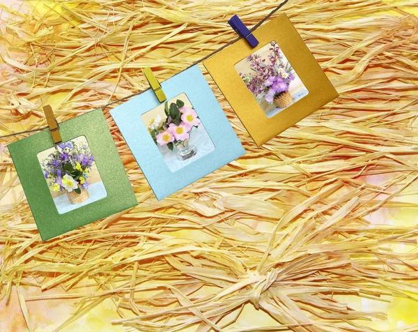 Belas fotos de buquês de flores dentro de um alfinete de roupa — Fotografia de Stock