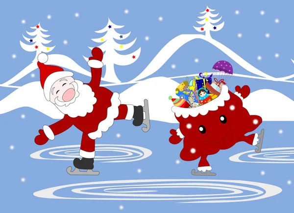 Jolly Papai Noel e saco com presentes patins comemorativos no ri — Fotografia de Stock