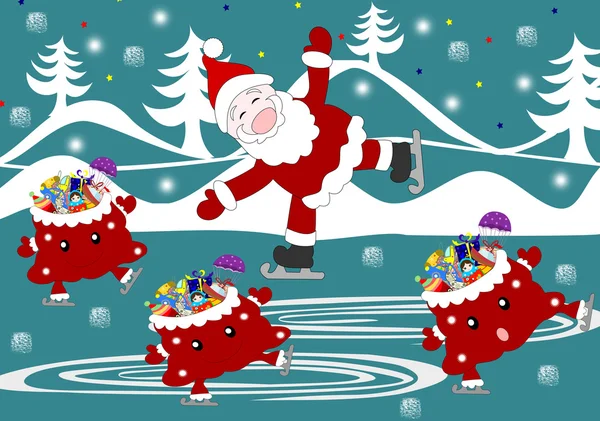 Jolly Santa Claus and bag with gifts celebratory skate on the ri Stock Photo