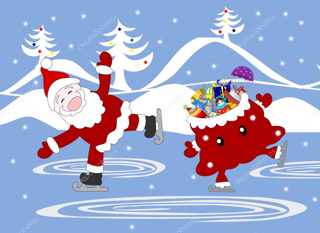 Jolly Santa Claus and bag with gifts celebratory skate on the ri