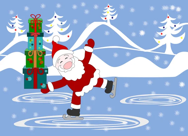 Schattig Kerstman met giften in de vakken schaatsen op de ijsbaan — Stockfoto