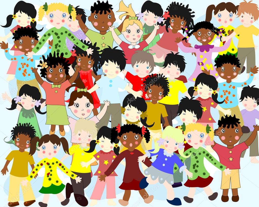 Group of happy children of different nationalities in colorful c