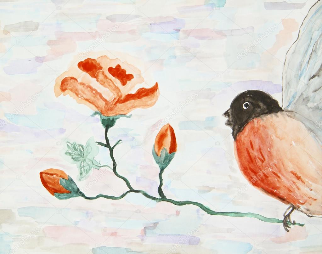 Watercolor illustration of stylized roses and bullfinch