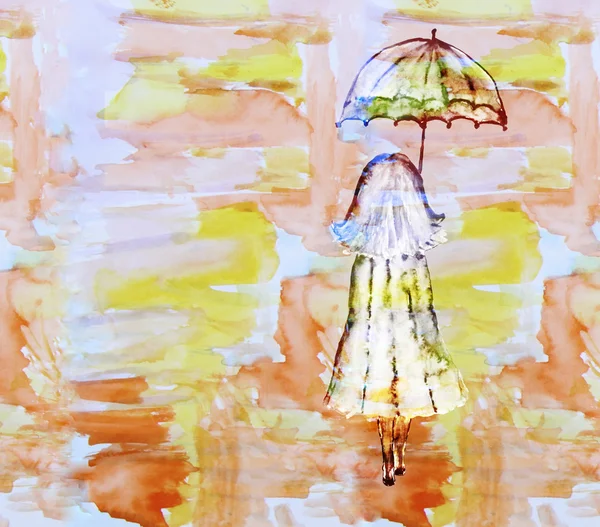 Illustration aquarelle d'une fille avec un parapluie, bac abstrait — Photo