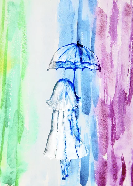 Illustration aquarelle d'une fille avec un parapluie, rai abstrait — Photo