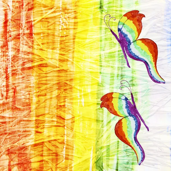 Fondo de acuarela abstracto con mariposas y arco iris — Foto de Stock