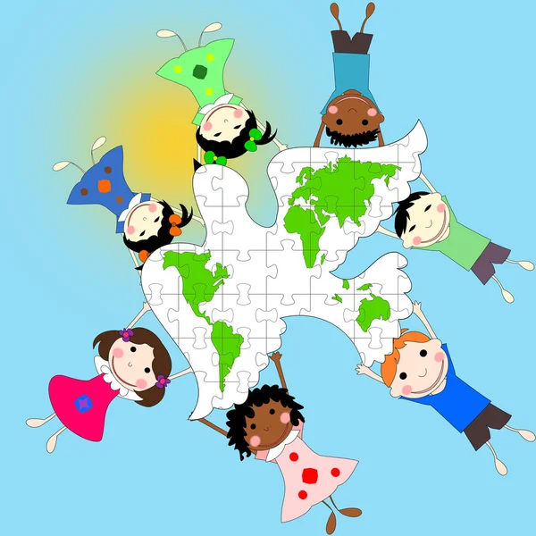 Niños de diferentes razas con una paloma y un mapa del mundo , — Foto de Stock